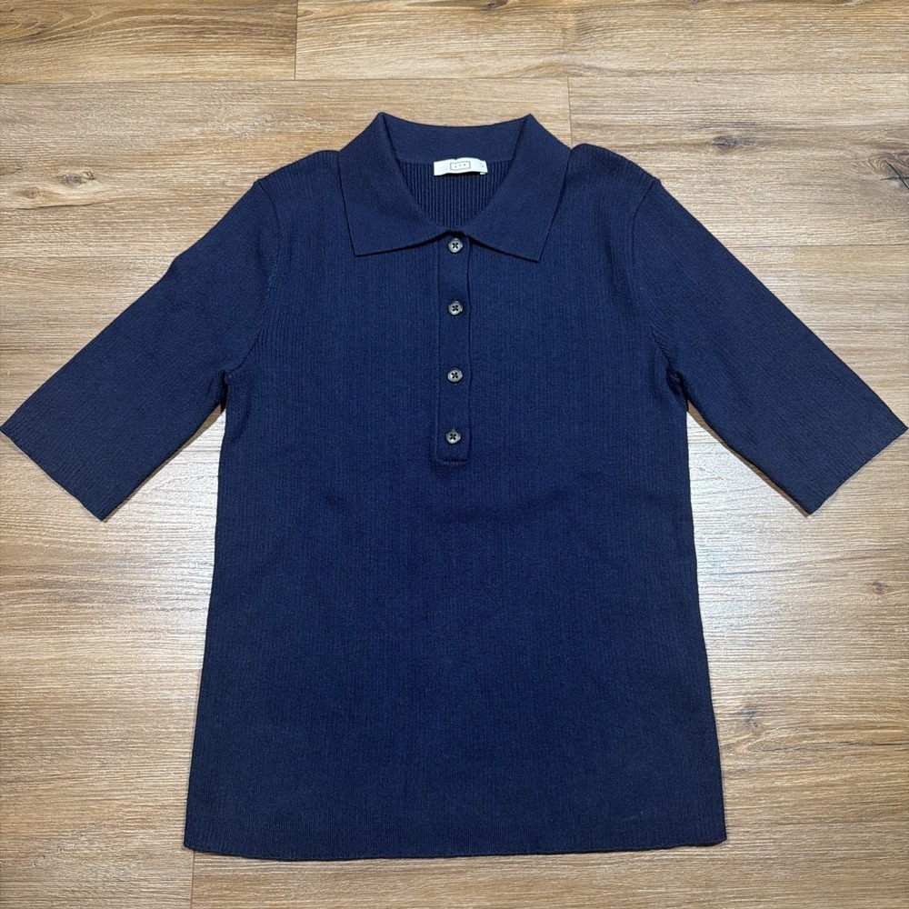 Ayr Women's LARGE Polo Ribbed Knit Wool Blend Sweater Top Shirt Navy